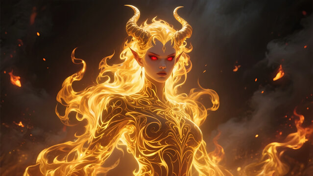 Golden fire forms a demoness with sharp features and glowing eyes in a fiery, dramatic fantasy scene.