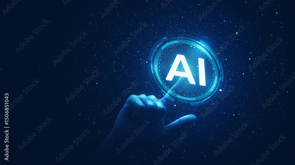 Poster hand touch ai artificial intelligence learning machine with digital ai technology computer data and 
