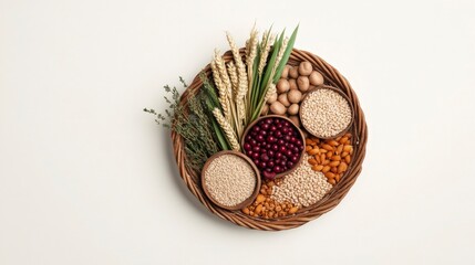 Freshly Harvested Grain and Natural Ingredients in a Basket for Culinary Use and Decoration