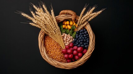 Freshly Harvested Grain and Fruits in a Basket Overflowing with Nature's Bounty
