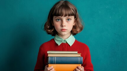 Young Girl Holding Books in Artistic Portrait Against a Turquoise Background