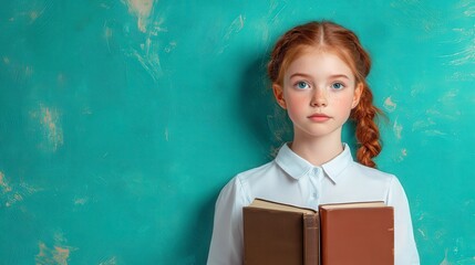 Young Girl Holding Books Against a Vibrant Turquoise Background in a Charming Artistic Portrait Style