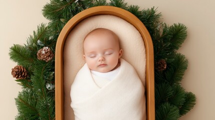 Adorable Baby Peacefully Sleeping in Soft Bassinet Surrounded by Pinecones and Greenery