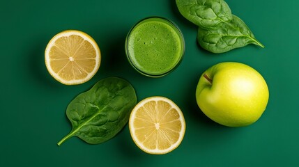 Refreshing Green Smoothie with Spinach, Lemon, and Apple on a Vibrant Background for a Healthy Start