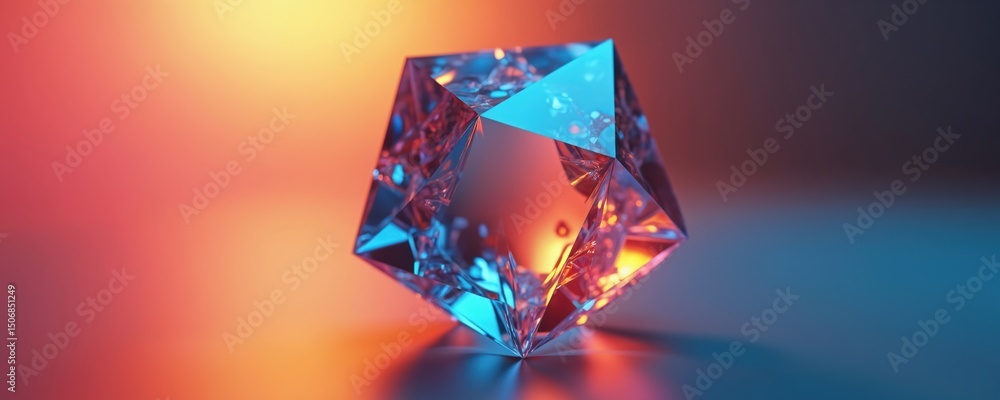 Poster reflective 3d polyhedron illustration with shifting colors. geometric shape refracts light, creating