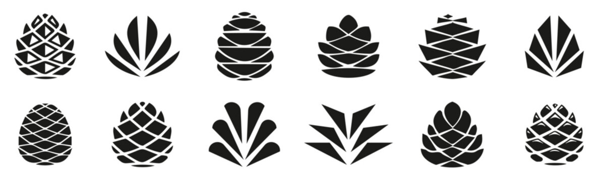 Pine cone icons on a white background. Set of simple black pine cone. Pine cone logotype vector illustration