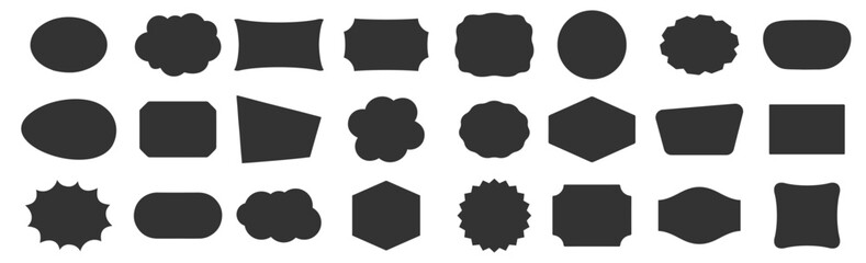 Abstract black geometric shape silhouette icon set. Outline blank frame templates, speech bubbles, badges, price tags, sticker, think cloud
