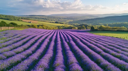 Expansive Aerial View of Vibrant Bluebell Field Surrounded by Lush Green Hills Under a Scenic Sky