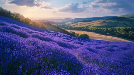 Aerial View of a Bluebell Field Stretching Across Rolling Hills Under a Serene Sky