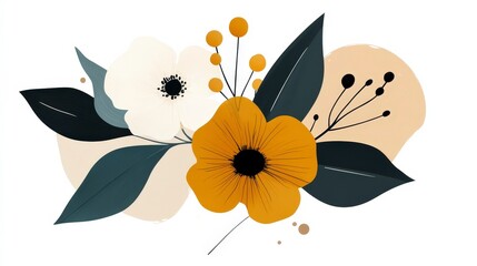Hand-Drawn Abstract Floral Composition with Botanical Elements in Earthy Tones and Organic Shapes