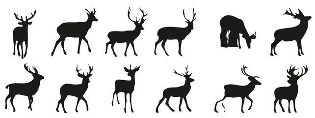 Reindeer silhouettes. Christmas deer silhouette. Black reindeer icons for winter holiday decoration vector illustration