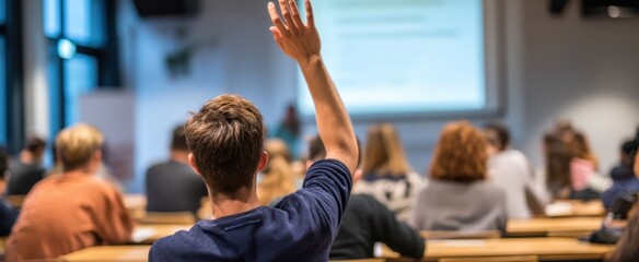 The engaged student raising hand in a bustling educational classroom setting.
