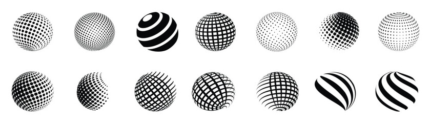 Abstract globe planet collection in different style. 3D spheres logo set, geometric shapes collection. Abstract gradient dotted texture globe elements vector