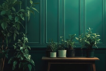 Teal wall plants on wooden table