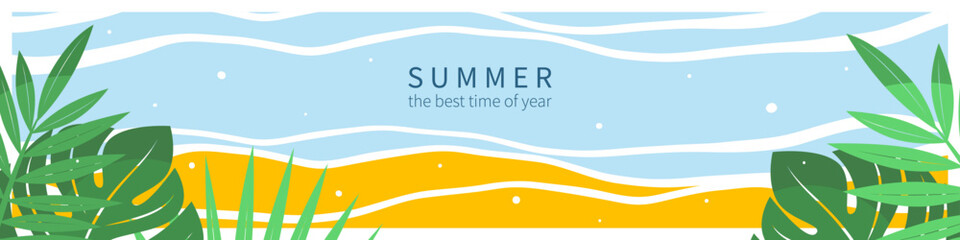 Summer abstract horizontal background. Beach and tropical leaves. Tourism concept, travel and adventure, vacation. Vector illustration for poster, cover, sales