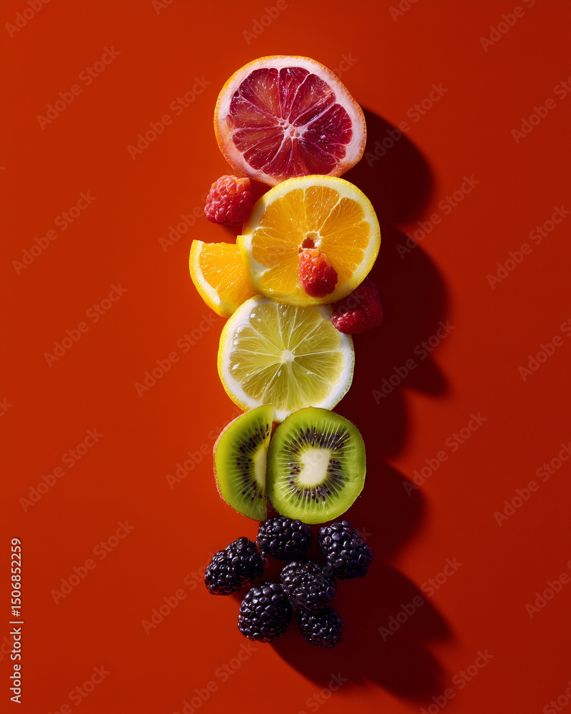 Poster a colorful fruit display with a red background.