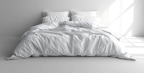 Neatly Made Bed with White Bedding Fluffy Pillows Minimalist White Wall Natural Light

