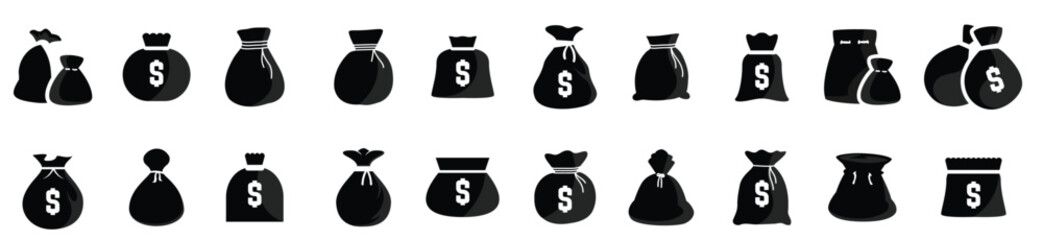 Money bag icons. Set of different money bag icons. Simple money bag signs. Black money bag icons vector illustration