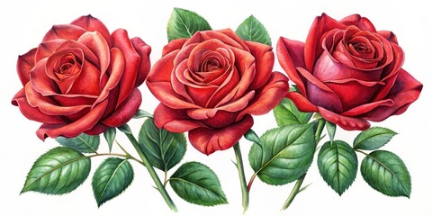 Watercolor Red Roses Trio Botanical Illustration, Floral Composition, Romantic Concept,Flowers,Roses Roses, Watercolor