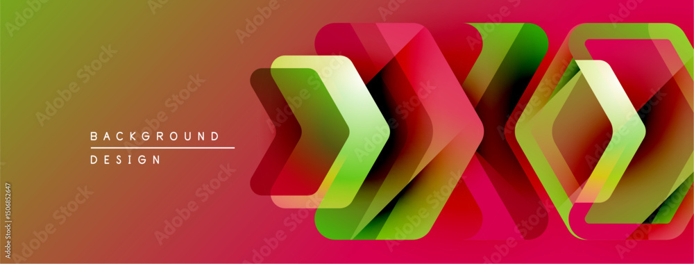 Poster abstract geometric shapes overlap, creating vibrant color gradients. background features text backgr