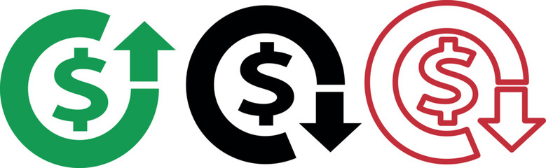 dollar decrease icon. Money symbol with arrow stretching rising drop fall down. Business cost reduction icon. vector illustration. 