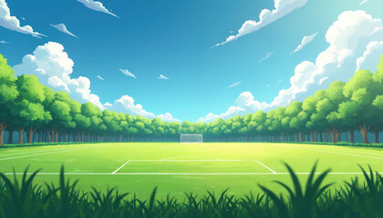 Fototapeta premium Anime-style soccer field illustration. Bright green grass with white markings, goal net. Anime cartoon illustration of football field at sunny day. Sky, clouds, trees. Sports theme.