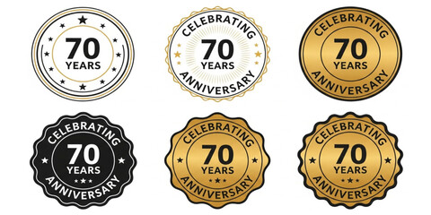 70th Anniversary Seal Collection | Set of Celebration Logos in Gold, Black and White for Company Milestone Branding and Event Invitations