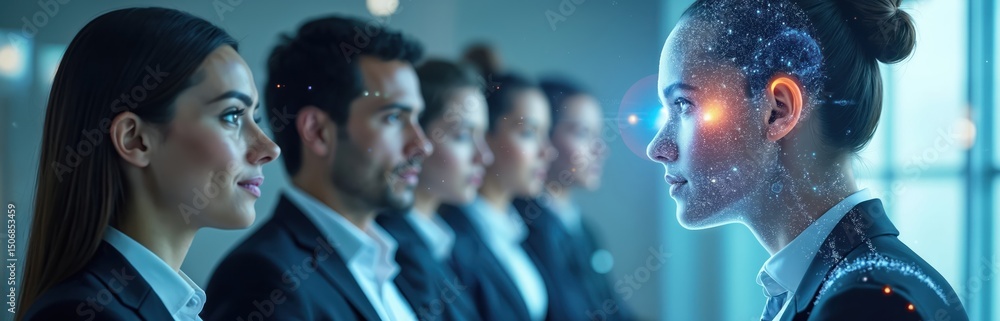 Aufkleber group of business people in office setting, futuristic ai technology concept. woman profile with glo
