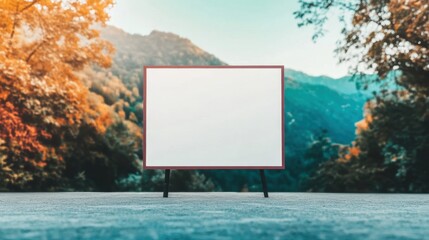 A blank canvas stands on an easel in a tranquil outdoor setting. The vibrant fall foliage and distant mountains create a picturesque natural backdrop, highlighting the peaceful scene