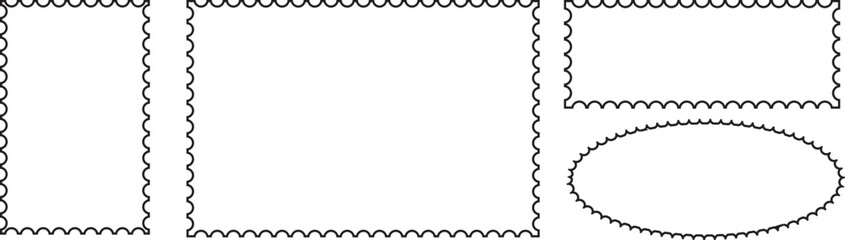 Blank borders of post stamps. Collection for mail letter. Set of of postage frames. Empty postal stamp.