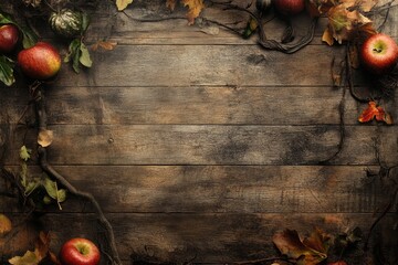 Autumnal fruits and leaves on rustic wood