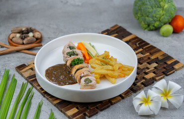 Chicken roll Mushroom with french fries