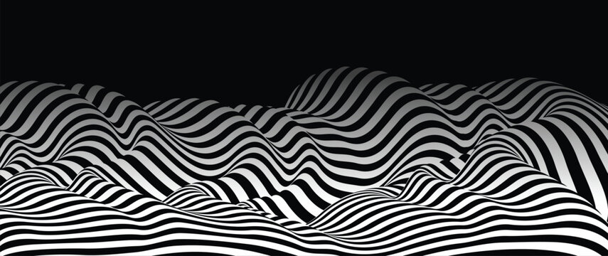 3D black and white lines in perspective abstract vector background, linear perspective terrain pattern op art.