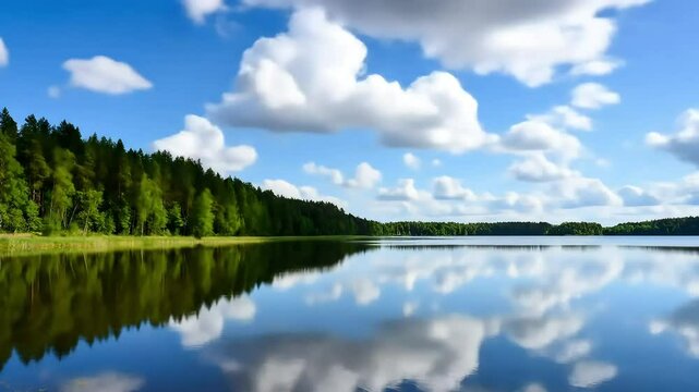 Pemandangan rawa atau danau  jernih merefleksikan langit cerah yang berawan