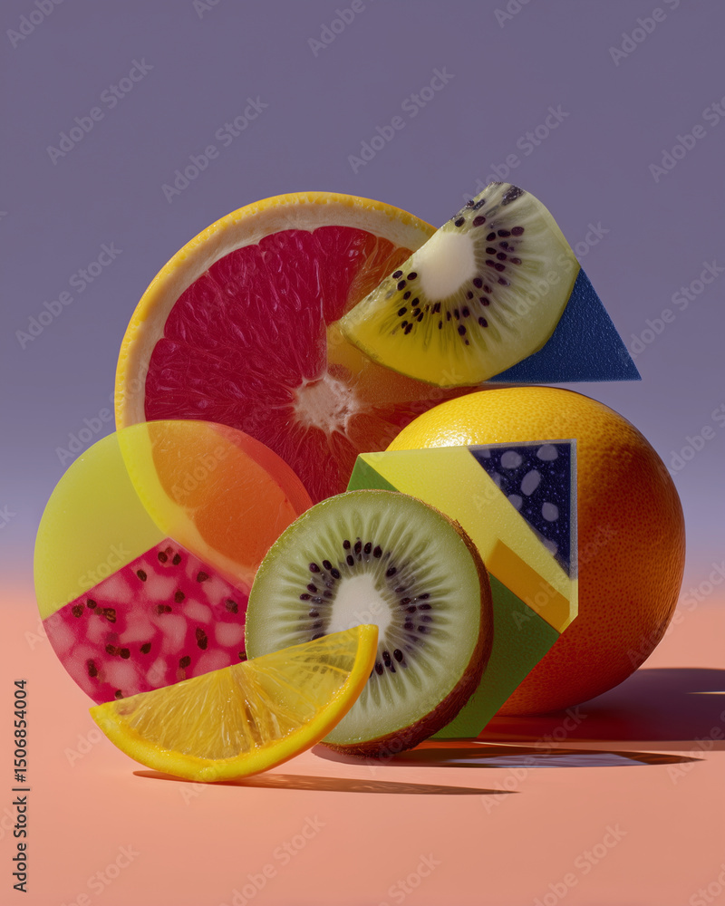 Poster a colorful fruit salad with a kiwi and orange. the kiwi is cut in half and the orange is cut into sl