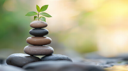 Obraz premium Serene stack of smooth stones with small green plant growing on top, symbolizing growth and balance in nature