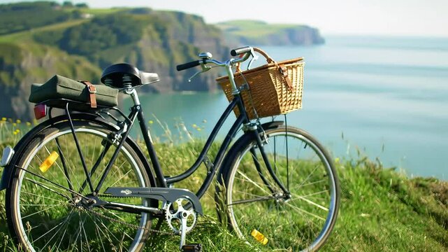 Sepeda klasik di atas tebing hijaun di sekitar pantai