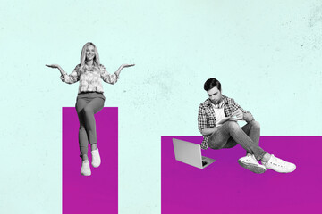 Trend picture collage of people use netbook measure sit geometry figure square on blue background