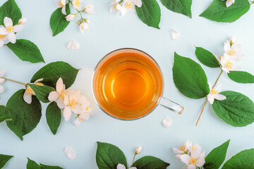 Jasmine tea in a glass cup and flowers with green leaves on light blue background. Top view, flat...