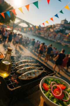 Sabores do S&atilde;o Jo&atilde;o: Sardinhada Tradicional no Porto com a Ponte D. Lu&iacute;s em Fundo e a Energia da Festa Popular Portuguesa.

