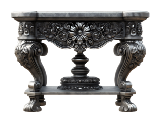 Ornate baroque console table with elaborate carved dark wood scrollwork acanthus leaf motifs cabriole legs on transparent background.