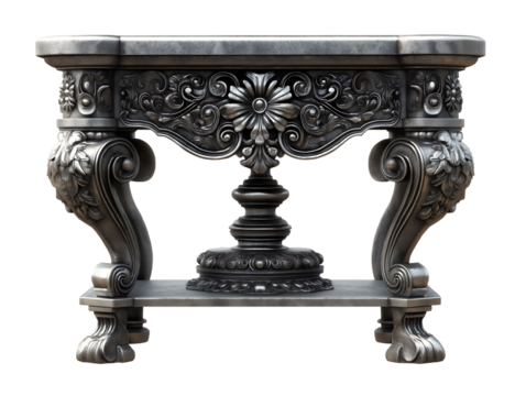 Ornate baroque console table with elaborate carved dark wood scrollwork acanthus leaf motifs cabriole legs on transparent background.