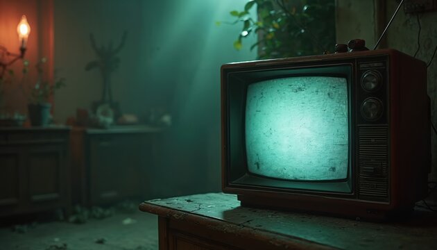 Vintage TV display cinematic horror background. Retro television old screen creates suspense atmosphere. Static screen, grainy, glowing creates dark creepy feeling. Classic tech display, thriller
