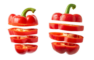 Sliced red bell peppers stacked in layers showcasing freshness and color.