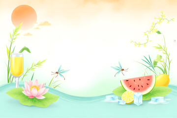Fototapeta premium Illustration of a Summer Scene with Watermelon, Lemons, and Blooming Flowers
