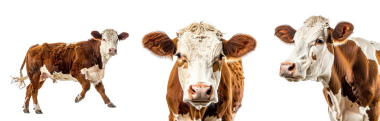 Three charming cows displaying their unique expressions and features.