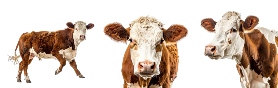 Three charming cows displaying their unique expressions and features.