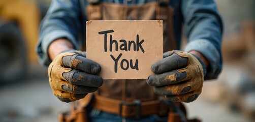 Caucasian male worker holds Thank You sign with gloves. Worker shows appreciation for construction. Gritty hands construction site. Manual labor gratitude acknowledgment hard work.