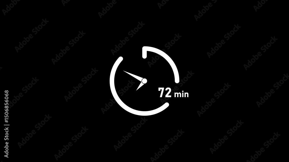 Poster 72 minute timer clock.72 minute clock icon modern design animation isolated on black background.