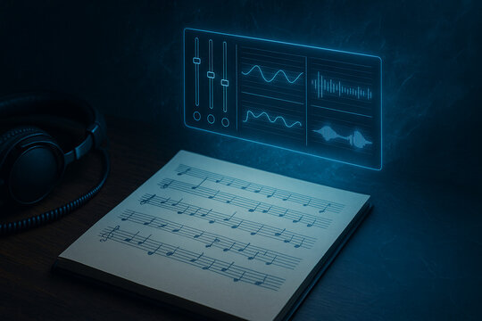 "Music Staff Pad with AR Audio Interface and Vintage Headphones | 50MP Scene for Streaming Ad Background"